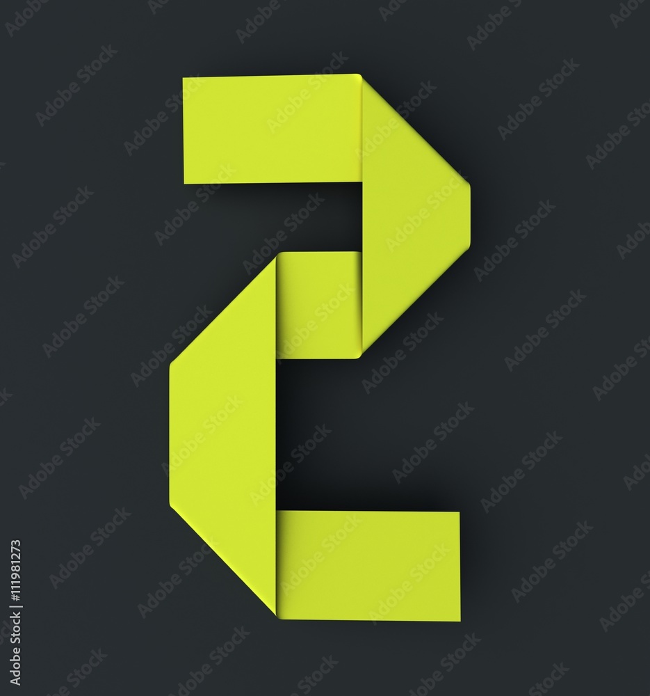 Poster origami paper font number two, 2. 3d rendering isolated on dark background