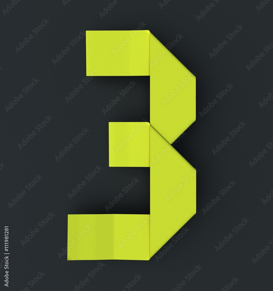 Fototapete Origami paper font number Three, 3. 3d rendering isolated on dark background