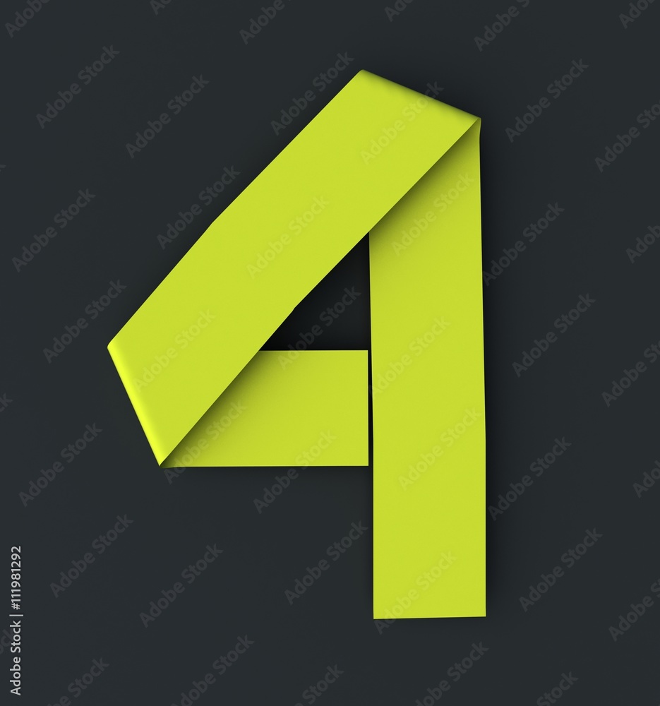 Poster origami paper font number four, 4. 3d rendering isolated on dark background