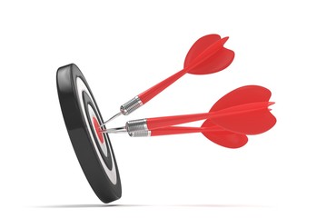 Three arrows darts in center. 3d rendering.