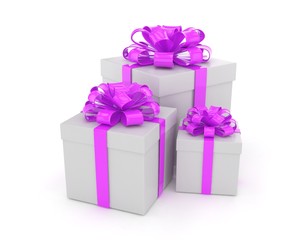 three gift boxes with bows isolated on white. 3d rendering.
