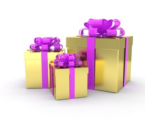 three gift boxes with bows isolated on white. 3d rendering.
