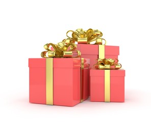 three gift boxes with bows isolated on white. 3d rendering.