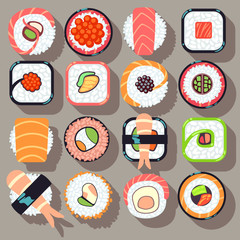 Sushi japanese cuisine food flat vector icons. Sushi food and roll sushi icon seafood illustration