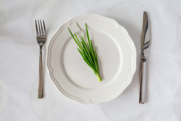 bunch of fresh herbs on an empty plate with knife and fork. Diet
