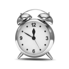 Chrome alarm clock on white. 3d rendering.