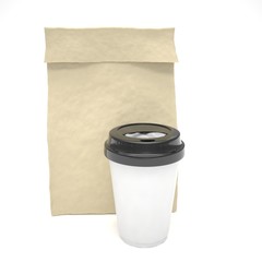 Coffee to go and lunch bag, on white. 3d rendering.
