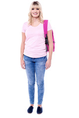 Pretty woman with pink school bag.