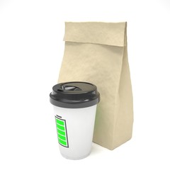 Coffee to go and lunch bag, on white. 3d rendering.