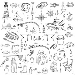 Hand drawn doodle Fishing icons set Vector illustration fishing equipment elements collection Cartoon fishing concept Fishing rod Baits Spinning Fishing lure Fish Fishing boat Lighthouse Fishing cloth