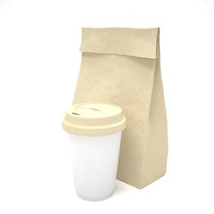 Coffee to go and lunch bag, on white. 3d rendering.
