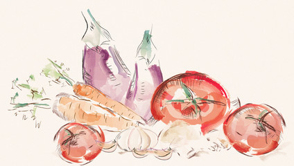 Watercolor Set of Vegetables. Tomatoes, Mushrooms, Carrot, Garlic and Eggplant