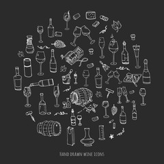 Hand drawn wine set icons Vector illustration Sketchy wine tasting elements collection Wine objects Cartoon wine symbols Vineyard background Vector wine background Winery illustration Grape Wine glass