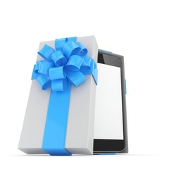 Smartphone in gift box. Isolated on white background. 3d rendering.