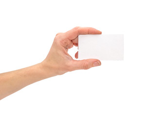 Fototapeta premium Business card in woman hand isolated on white
