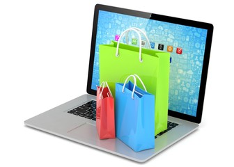 laptop and  shopping pags on white background. 3d rendering.