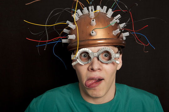 Cheerful inventor helmet for brain research