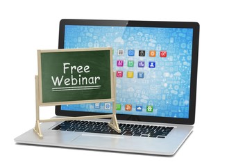 Laptop with chalkboard, free webinar, online education concept. 3d rendering.