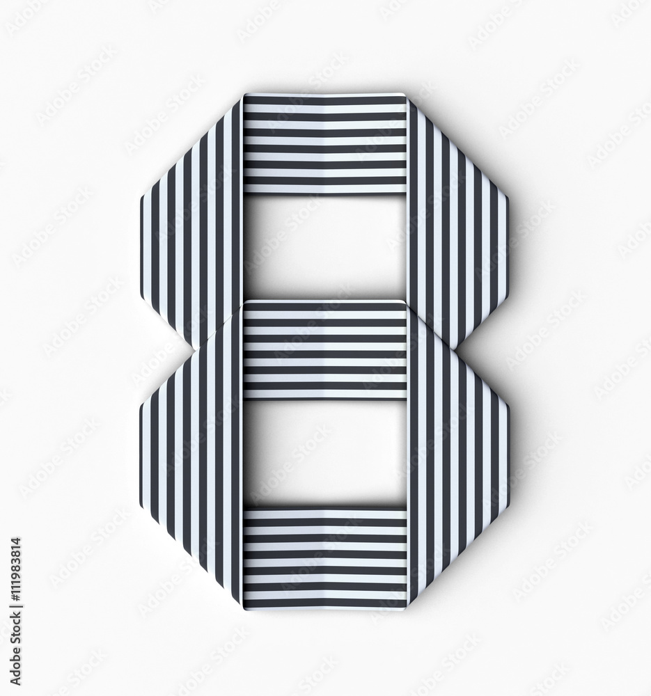 Poster origami paper font number eight, 8. 3d rendering isolated on white background