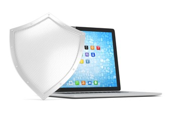 Laptop and shield on white, computer security concept. 3d rendering.