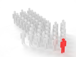 Many 3d people figure in arrow shape with the leader in front. 3d rendering.