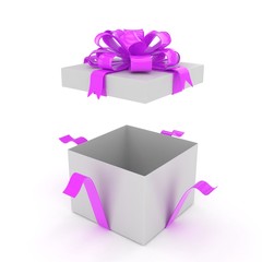 open gift box with bows isolated on white. 3d rendering.