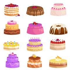 Vector cake icon set, Birthday food, sweet dessert, isolated illustration.