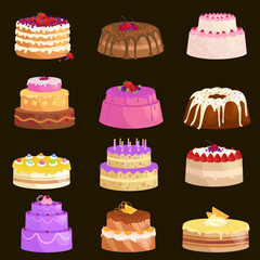 Vector cake icon set, Birthday food, sweet dessert, isolated illustration.