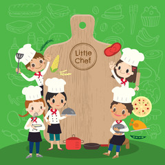group of young chef with chopping block children kids cartoon illustration