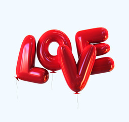 Red helium LOVE Balloons with glossy reflections isolated. 3d rendering