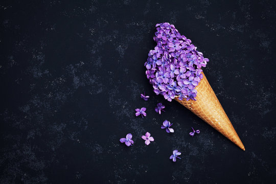 Ice Cream Of Lilac Flowers In Waffle Cone On Black Background From Above, Beautiful Floral Arrangement, Vintage Color, Flat Lay Styling