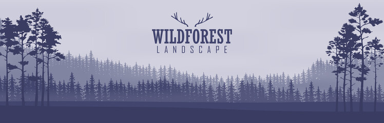 Horizontal abstract banners of hills of coniferous wood in dark blue tone. © vectorplus