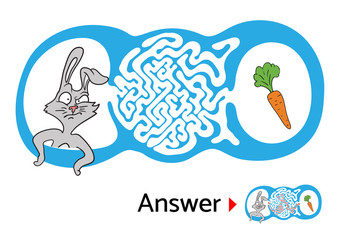 Maze puzzle for kids with rabbit and carrot. Labyrinth illustration, solution included.