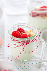Homemade yogurt dessert with raspberries and crushed cookies in a small jar on a kitchen background, closeup