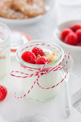 Homemade yogurt dessert with raspberries and crushed cookies in a small jar on a kitchen background, closeup