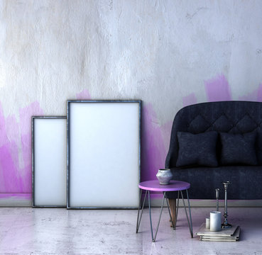 mock up poster frame in hipster interior background. purple painted wall concept. 3d rendering