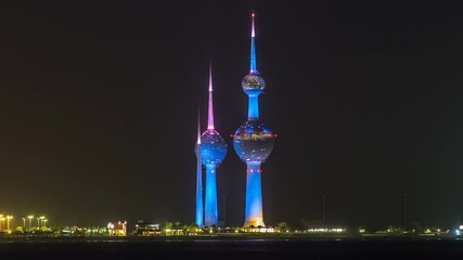 The Kuwait Towers night timelapse - the best known landmark of Kuwait City. Kuwait, Middle East
