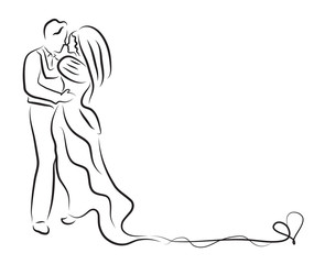 silhouette of bride and groom, newlyweds sketch, hand drawing, wedding invitation, vector illustration