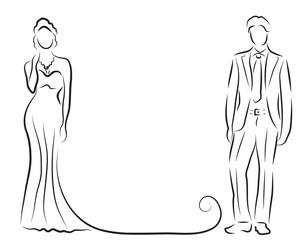 silhouette of bride and groom, newlyweds sketch, hand drawing, wedding invitation, vector illustration