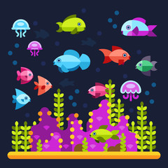 Naklejka na ściany i meble Underwater life with sea animals in flat style. Water ocean animal fish and underwater illustration vector fish