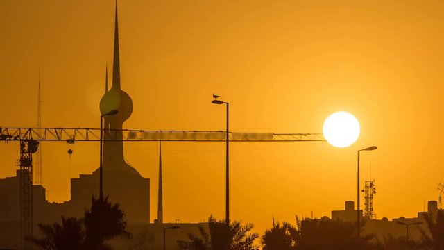 Sunrise with Kuwait Towers timelapse - the best known landmark of Kuwait City. Kuwait, Middle East