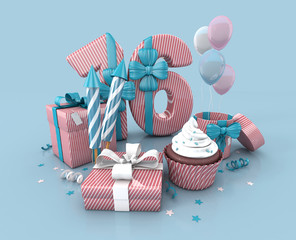 Number Sixteen, 16, Decorated With Ribbon, Birthday Cupcake, Rockets, and Wrap Gifts. Birthday Concept Invitation. 3d render Illustration Isolated On Blue Background