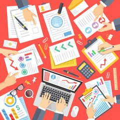 Fototapeta na wymiar Business people at work in office. Documents, stationery, hands. Teamwork concept. Top view. Modern flat design vector illustration