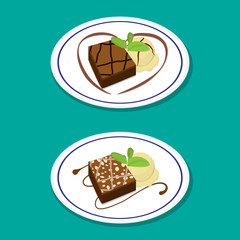 Fudge Brownie on dish with icecream, vector