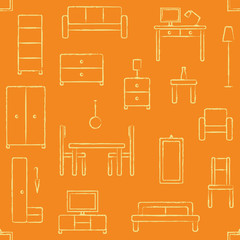 Vector seamless pattern background with hand drawn home furniture outline icons 4