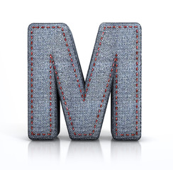 M letter, from Font of denim (jeans) fabric. 3d illustration isolated on white.