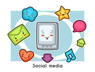 Kawaii social media gadgets funny card. Doodles with pretty facial expression