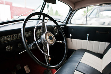 Dashboard and steering wheel of classic car