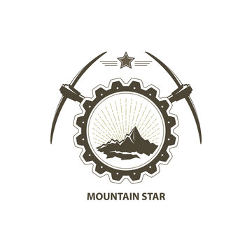 Mining Industry Emblem, Sunburst and the Mountains in Gear with Pickaxe and Star, Design Element, Vector Illustration