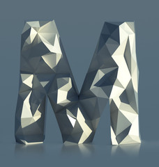 Rocky Font, Letter M, with cliff edges. Polygonal Alphabet. 3d illustration isolated